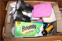 Box Lot of Flashlights, Bounty Napkins, Misc