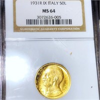 1931-R Italian Gold 50 Lire NGC - MS64