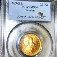 1889-EB Swedish Gold 20 Kroner PCGS - MS66