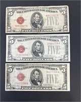 1928E, 1928F $5 U.S. NOTES LOT OF 3