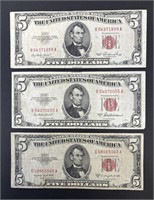 1953,53A,53B $5 U.S. NOTES SET OF 3