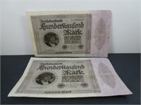 (2) German 100,000 Mark Bills - February 1923