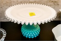 Fenton Aqua Turquoise Hobail Milk Glass Cake Stand