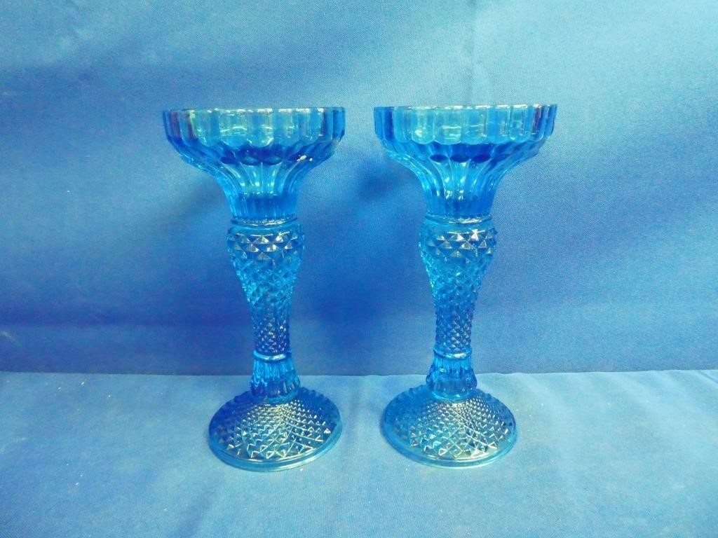 (2) Blue Glass Candle Sticks