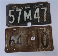 2 Single Ontario 1946 &1947 Licence Plates