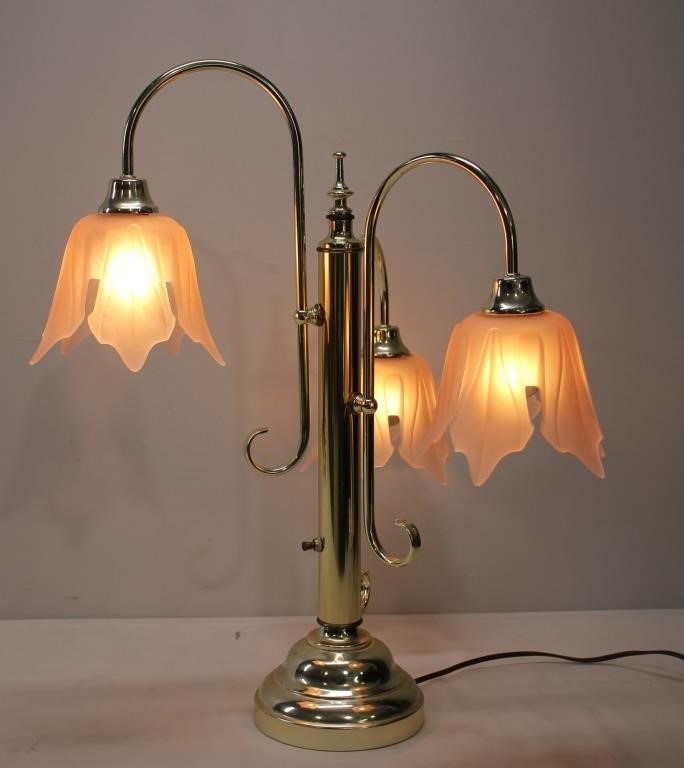 Tulip Glass Shade Tri Light Brass Table Lamp