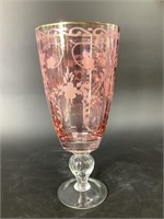 Beautiful pink clear cut glass vase with gold rim