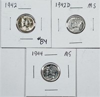 1942, 1942-D & 1944  Mercury Dimes   AU-Unc