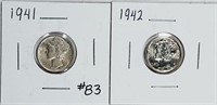 1941 & 1942  Mercury Dimes   AU-Unc