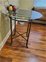 IRON LEG GLASS TOP TABLE AND 3 STOOLS