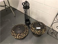 2 Decorative Ash Buckets & Iron Fireplace Tools