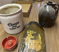 COORS MALT CROCK, BROWN CROCK JUG COORS ASH TRAY,