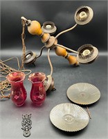 VTG SWAG CHANDELIER, CRANBERRY SHADES, LAMP PARTS