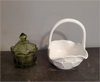 Westmorland Milk Glass Basket, Fostoria Coin Sugar