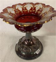 RUBY ETCHED CANDY DISH SILVER PLATED FOOT