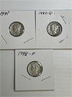 1941, 1942-D, 1944-P Mercury Dimes