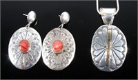 Sterling Silver and Gold Necklace & Coral Earrings