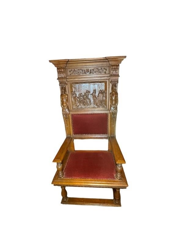 A 18th/19th c. Carved Wood Throne Chair w/ Fabric