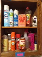 Contents of cabinet, includes cleaning supplies,