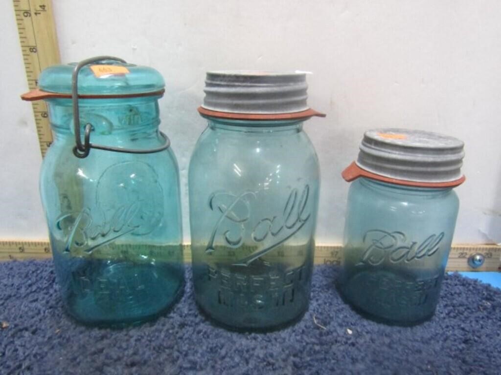 3-- BLUE GREEN BALL CANNING JARS