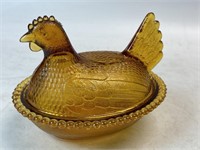 Vintage Indiana Gold Glass Covered Chicken,