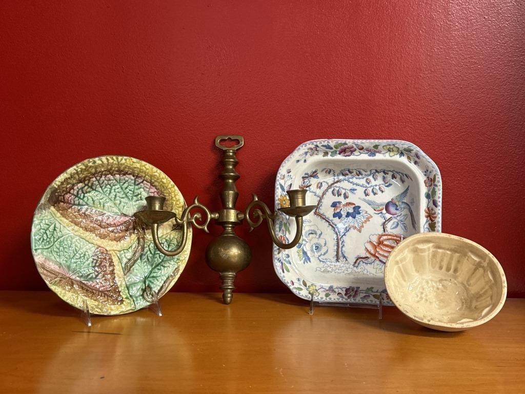 Majolica, Pottery Mold, & Brass Sconce