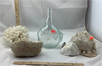 Fish Glass Bottle, Conch Shell and Coral