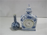 Vtg Blue & White Ceramic Clock & Vase See Info