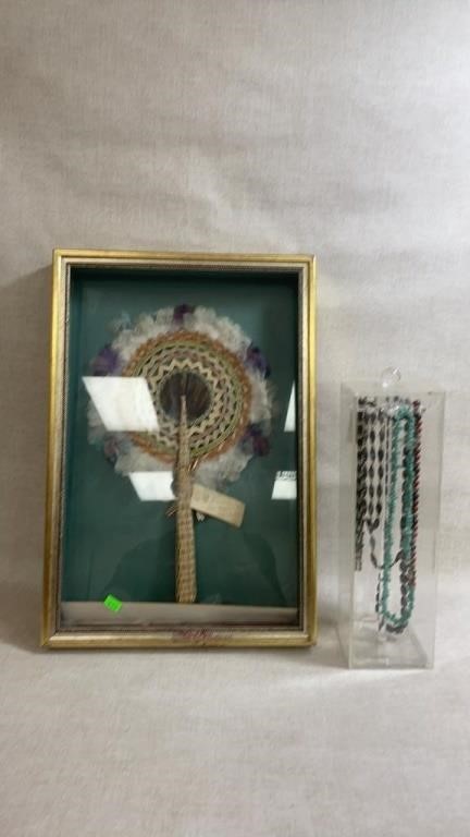 Trimble fan in shadow box with acrylic necklace