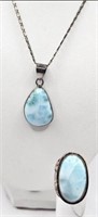 Sterling & Blue Stone Ring & Pendant on Chain