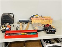 large box of assorted hand tools + more