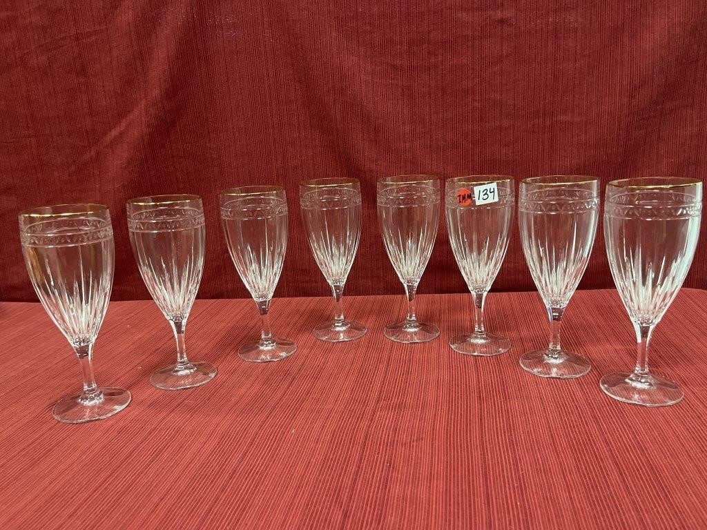 8 lead Crystal tall wine glasses with gold rims