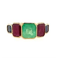 14ct y/g emerald, ruby & sapphire ring