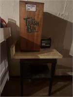 Wood Trash Bin, Wood Table & Old Lawn Battery