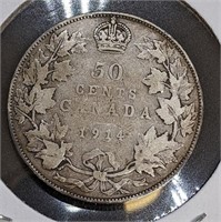 1914 Canadian Sterling Silver 50-Cent Half Dollar