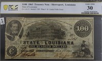 1863 PCGS $100 TREASURY NOTE OF LOUISIANA  VF 30