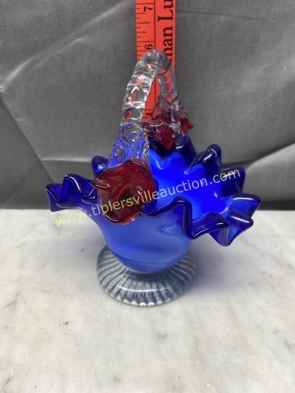 Blue art glass basket