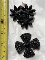 2 Weiss black rhinestone brooches, 1 needs repair