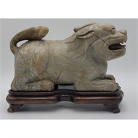 A Fine Chinese Carved Jade Beast On Carved Stand