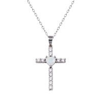 Sterling Silver-Cross Heart Opal Crystal Necklace