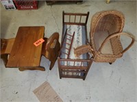 3 X'S BID  WICKER DOLL STROLLER- DOLL BED, WOOD