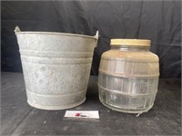 Galvanized bucket and glass jar