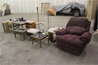 RECLINER, LAMPS, FAN AND ASSORTED TABLES