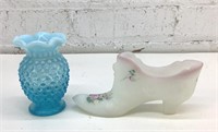 2 Pieces of Fenton Glass 3.5"vase 5,5” Shoe