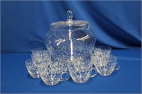 Crystal, covered punch bowl with white overlay,