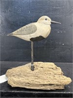 HAND CARVED SIGNED SHORE BIRD ON DRIFTWOOD