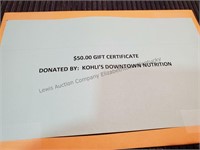 $50 gift card to Kohli’s Downtown Nutrition