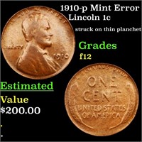 1910-p Mint Error Lincoln 1c Grades f, fine