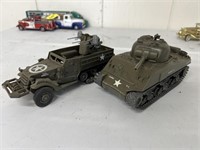 Plastic New Ray WWII model tank and half track