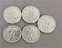 (5) 1943-P Walking Liberty Half Dollars